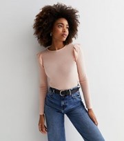 New Look Pink Ribbed Knit Long Frill Sleeve Top